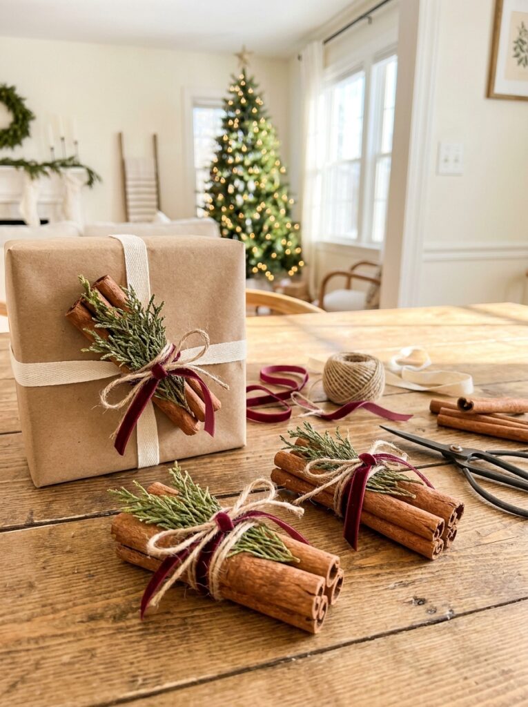  Cinnamon stick bundles tied with natural twine and festive ribbons, including one decorating a wrapped Christmas gift.