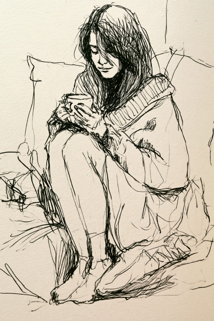 cozy girl aesthetic drawings - Curled Up on a Couch with Tea