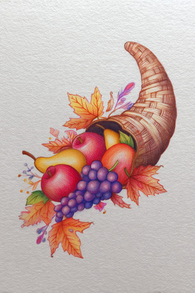 thanksgiving drawing ideas for kids Detailed Cornucopia with Fruit