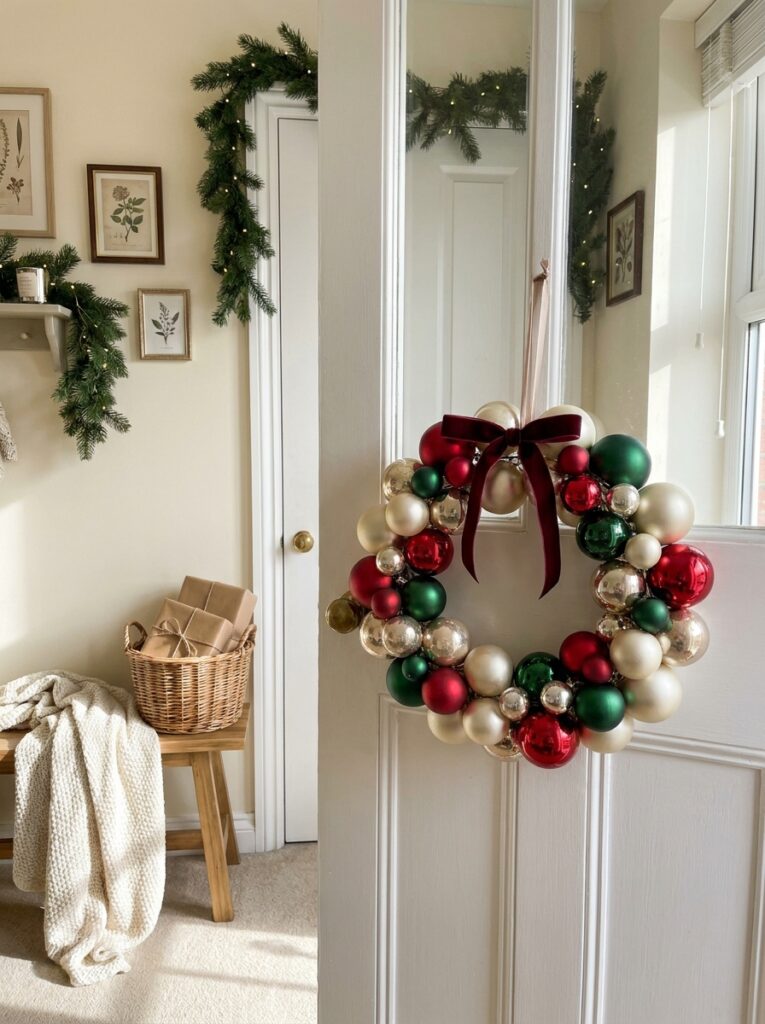 Handmade Christmas wreath made with red, gold, and green shatter-resistant ornaments, hanging on an interior door.