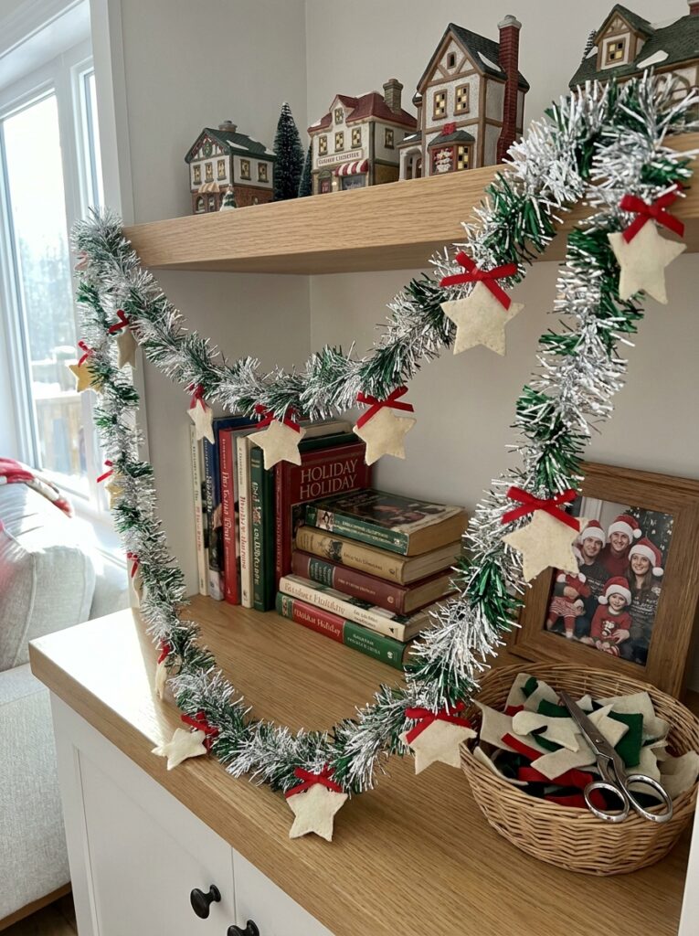 Silver and green Christmas tinsel garland decorated with handmade felt stars and ribbon bows across a shelf.