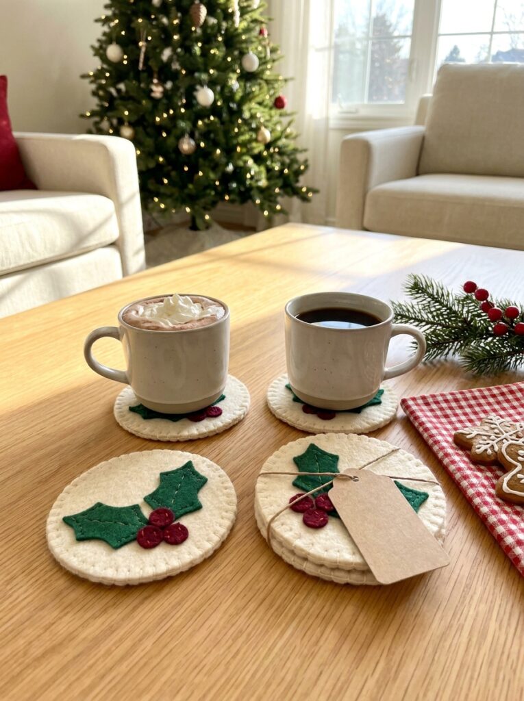 Handmade felt holly coasters with green leaves and red berries, arranged beside mugs and wrapped as a Christmas gift set.