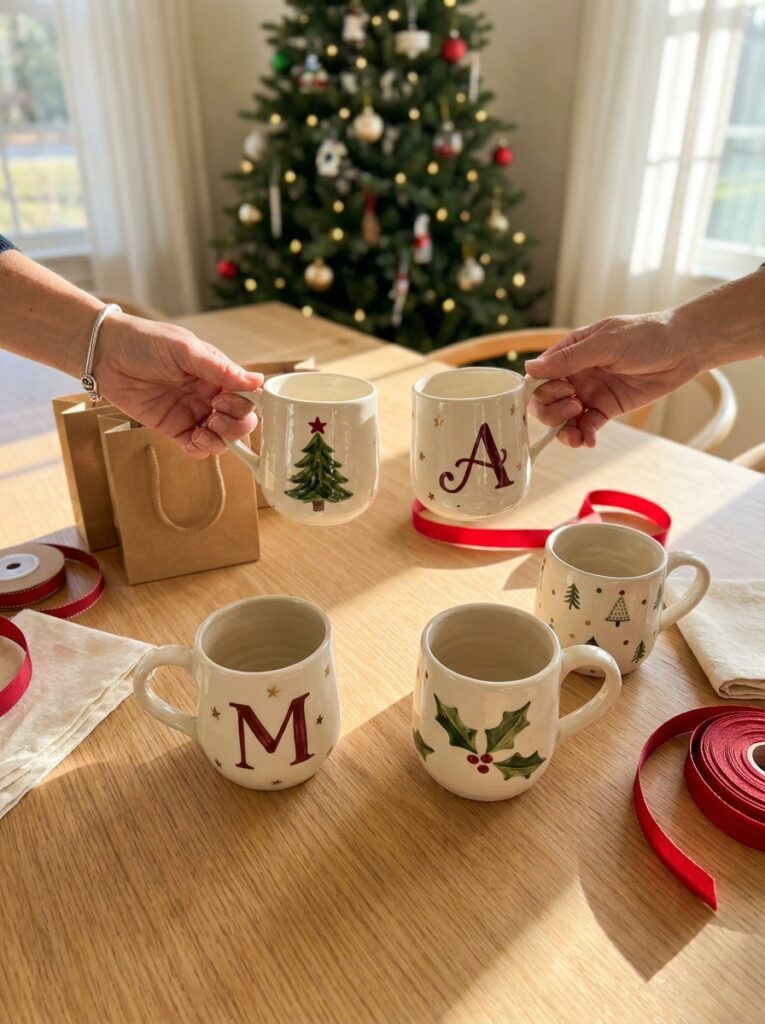  Hand-decorated Christmas mugs with personalized initials, evergreen trees, and festive patterns arranged for a holiday gift swap.