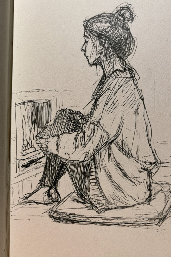 cozy girl aesthetic drawings - Girl by the Fireplace