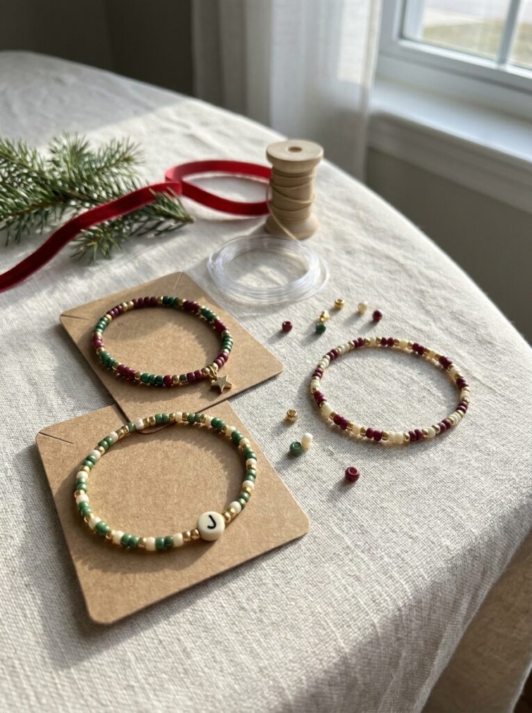  Three handmade Christmas beaded bracelets in burgundy, forest green, cream, and gold, displayed on neutral fabric.