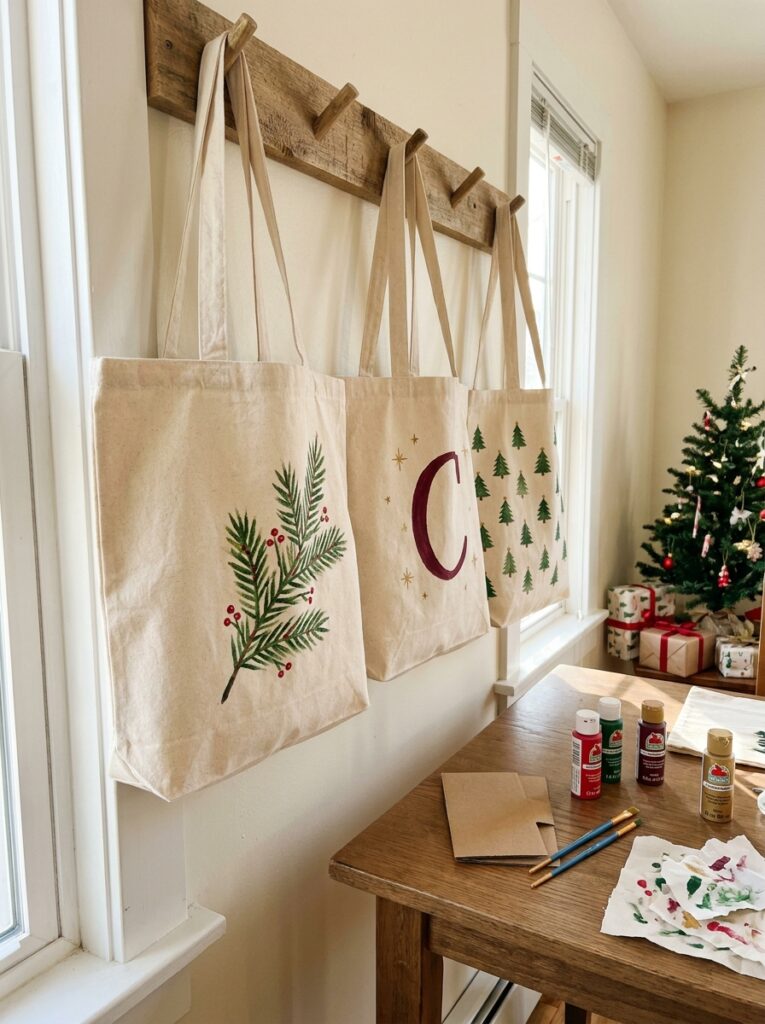  Three handmade holiday tote bags decorated with painted evergreen branches, seasonal lettering, and star designs.