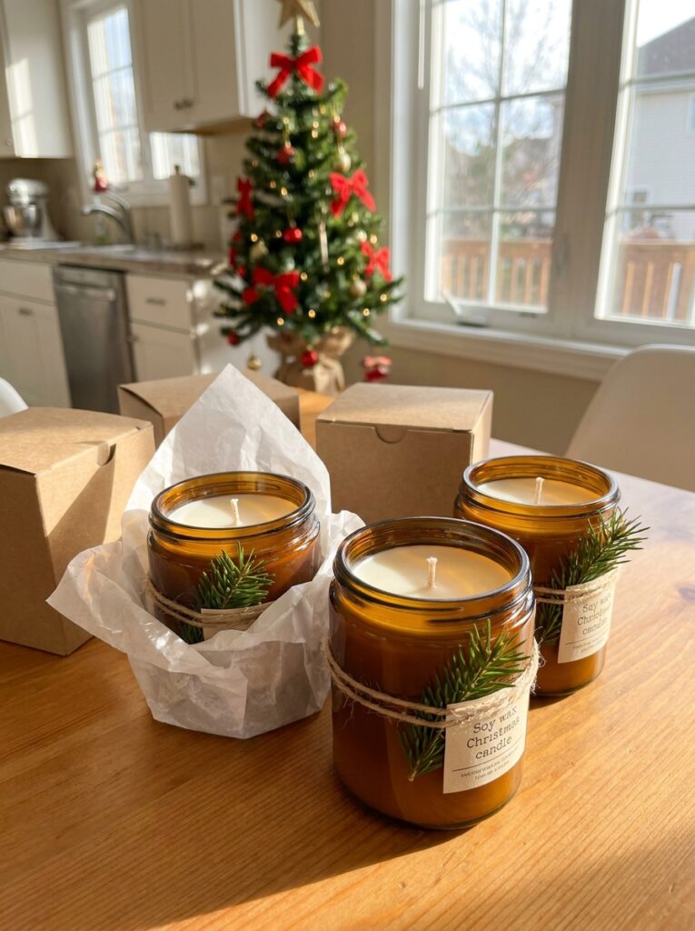 Three handmade soy candles in matching glass containers with minimalist Christmas labels and gift packaging.