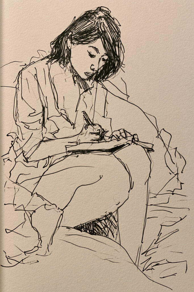 cozy girl aesthetic drawings - Journaling in Bed