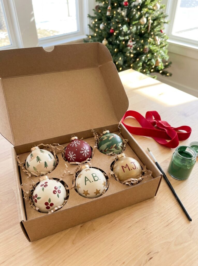 Gift box of six hand-painted Christmas ornaments decorated with matching snowflakes, evergreen trees, and initials.