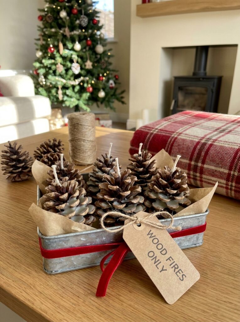 Handmade pinecone fire starters arranged in a metal gift tray with natural twine and a wood-fire-use instruction label.