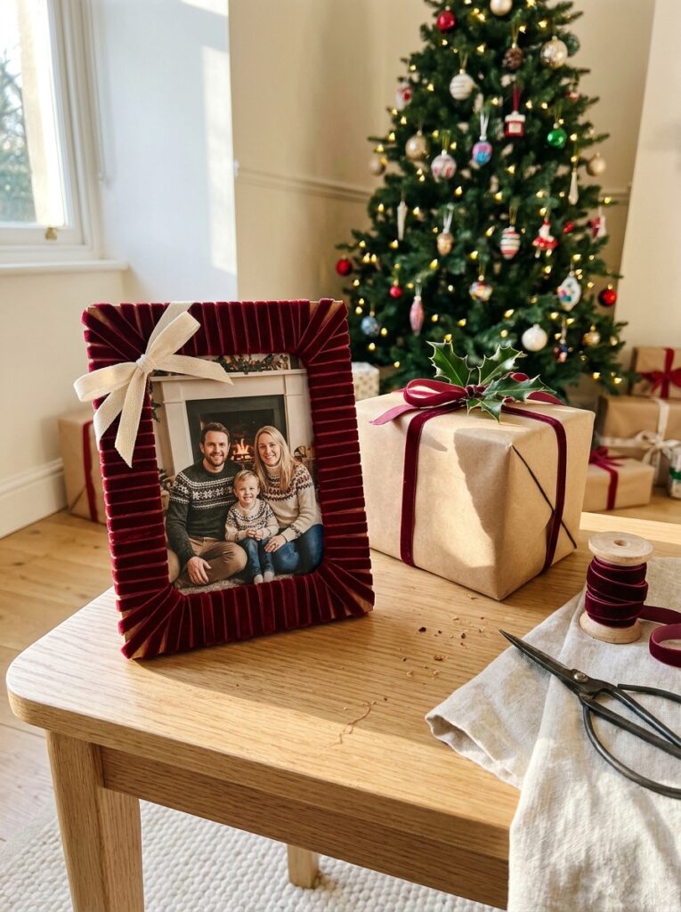 Handmade picture frame wrapped in festive ribbon with a family photograph, displayed beside a Christmas gift.