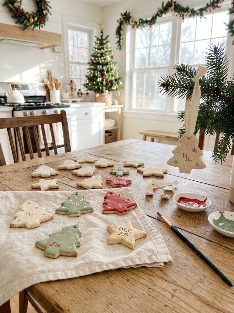 Handmade salt dough Christmas ornaments shaped like stars and trees, decorated with painted names and ribbon hangers.