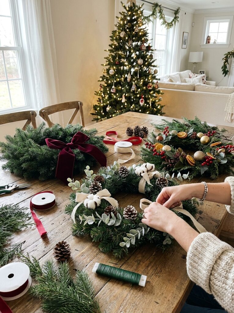  Three handmade Christmas wreaths with different greenery and ribbon arrangements on a shared crafting table.