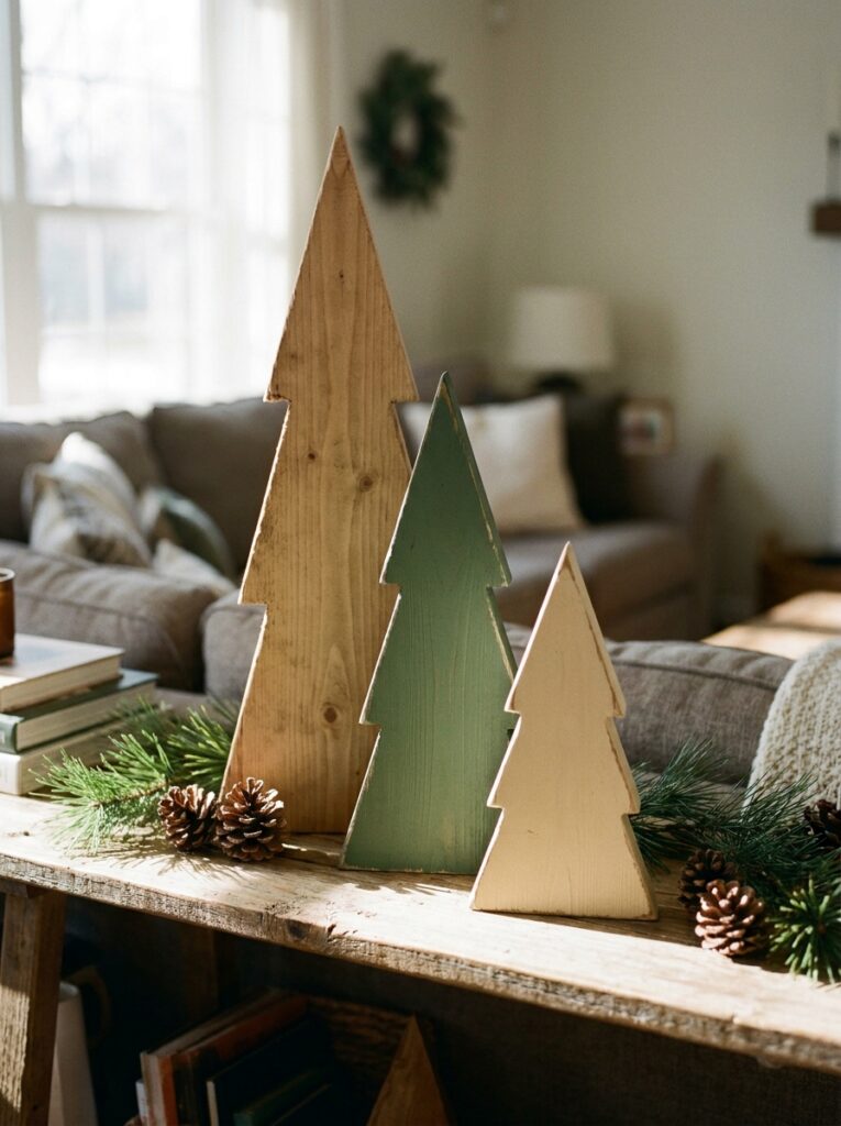 diy holiday decorations Painted wooden Christmas tree trio